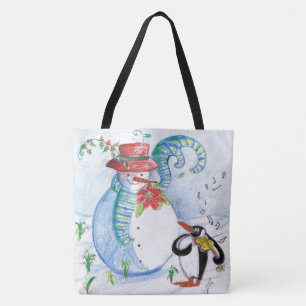 SNOWMAN AND PENGUIN'S WINTER SERENADE TOTE BAG