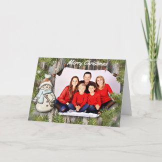 Snowman and Pine On Barnwood Photo Christmas Holiday Card