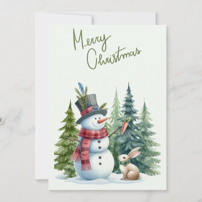 Snowman and Rabbit Merry Christmas Card (Front)