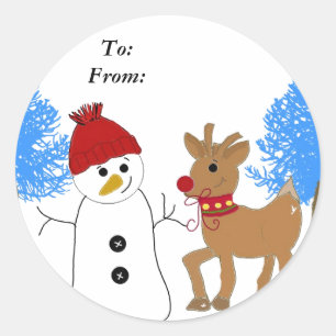 Snowman and Reindeer Classic Round Sticker