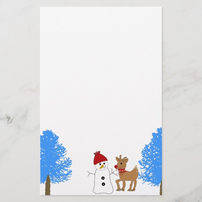 Snowman and Reindeer with Frosty Trees Stationery (Front)