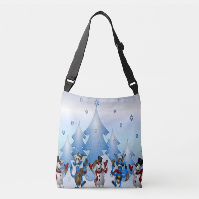 Snowman and Reindeers Dancing Under Trees Crossbody Bag (Front)