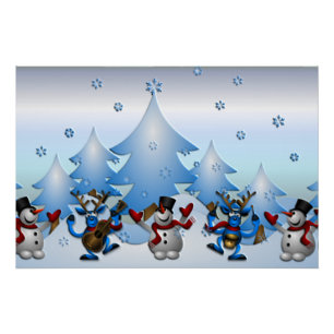 Snowman and Reindeers Dancing Under Trees Poster