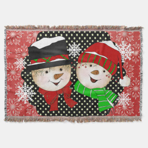 Snowman and Snow Lady Snowflakes Holiday Throw Blanket