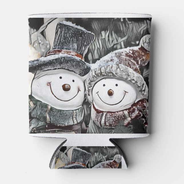 Snowman and Snow woman drawing Can Cooler (Front)