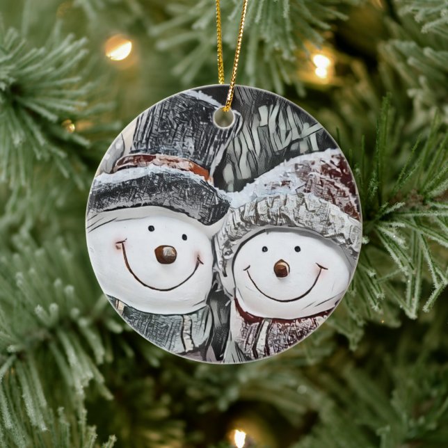 Snowman and Snow woman drawing Ceramic Ornament (Tree)