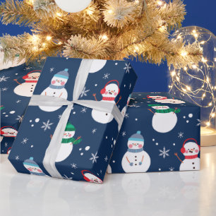 Snowman and Snowflakes Blue Pattern Wrapping Paper