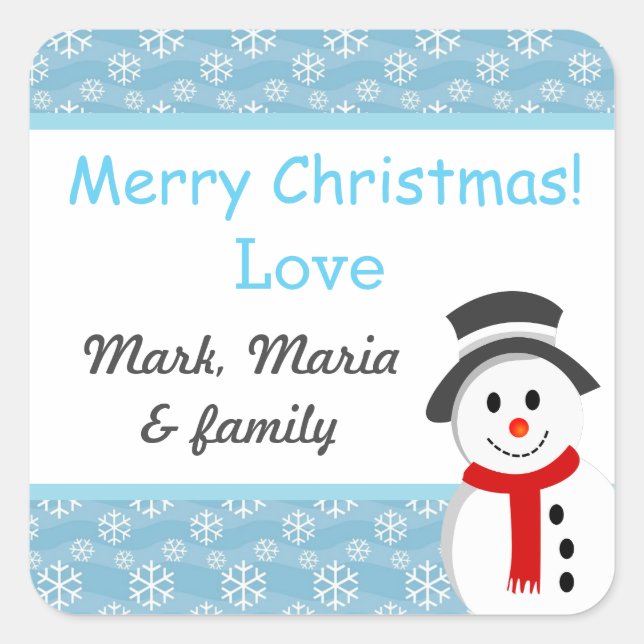 Snowman and Snowflakes Personalised Square Sticker (Front)