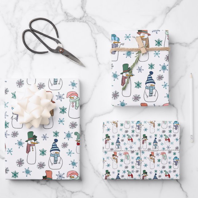 Snowman and Snowflakes Wrapping Paper Set of 3 (Front)
