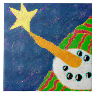 Snowman and Star Abstract Art Tile