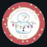 Snowman and String Lights Classic Round Sticker<br><div class="desc">Festive red and gold "made especially for you " sticker featuring my lighthearted watercolor snowman holding a string of colourful holiday lights.  Personalize text as preferred.</div>