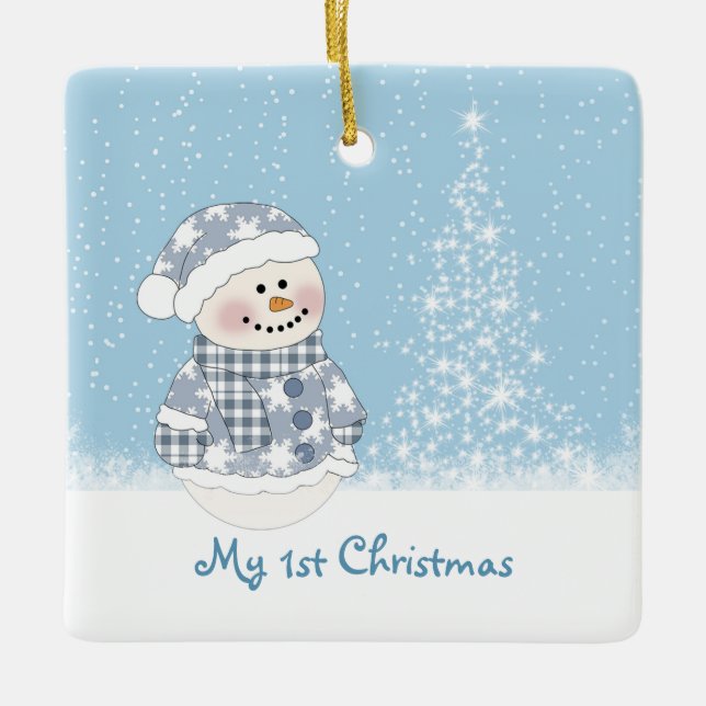 Snowman and tree Baby's 1st Christmas Ceramic Ornament (Front)