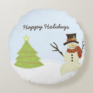 Snowman and Tree Round Pillow