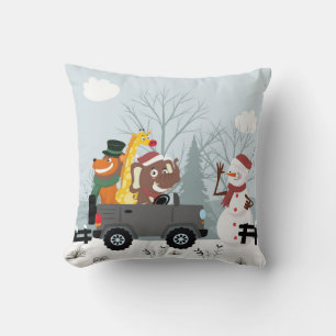 Snowman And Wild Animals Christmas Throw Pillow