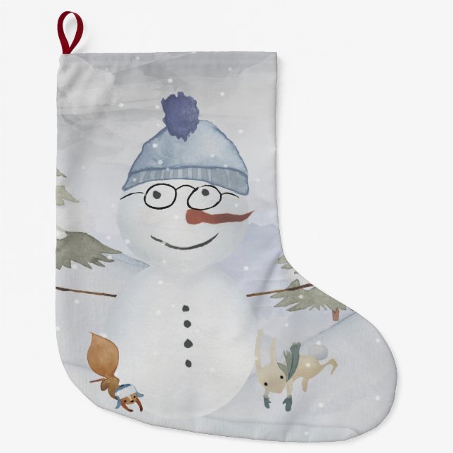 Snowman and Winter Woodland Friends Large Christmas Stocking (Front)