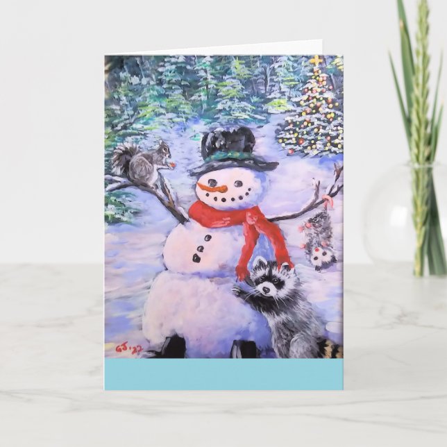 Snowman Animals Blank Christmas Greeting Card (Front)