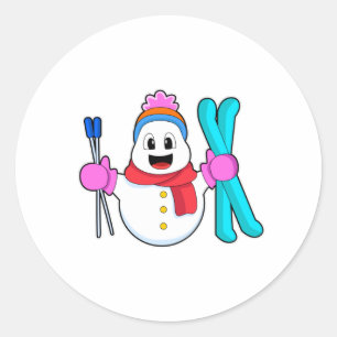 Snowman as Skier with Ski Classic Round Sticker