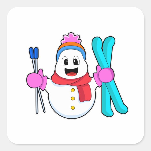 Snowman as Skier with Ski Square Sticker (Front)