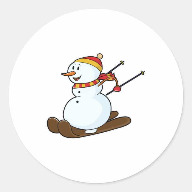 Snowman as Skier with Skis & Cap Classic Round Sticker (Front)