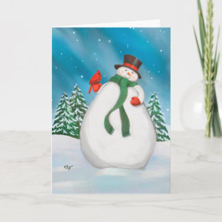 Snowman At Night Holiday Greeting Card
