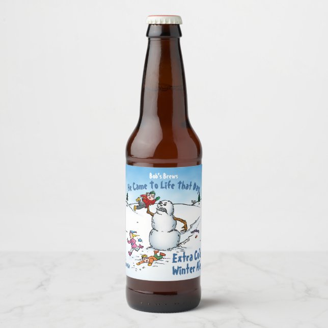 Snowman Attacks Funny Cartoon Beer Bottle Label (Front)
