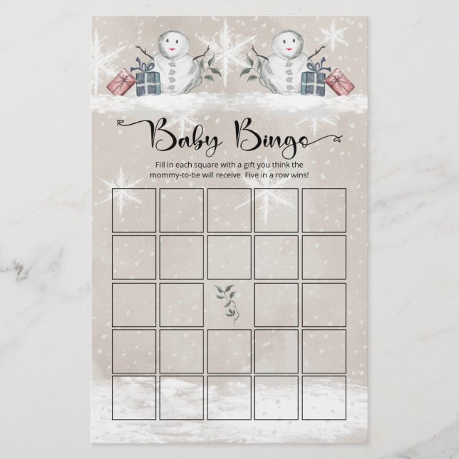 Snowman baby shower baby bingo game (Front)