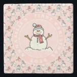 Snowman Baby's First Christmas Pink Name Stone Coaster<br><div class="desc">This cute pink baby's first christmas marble coaster features a snowman in the middle,  with a snowman pattern around the edge. A practical keepsake for your children to keep for years to come. To change the text click on the personalize button. This design contains A.I.</div>