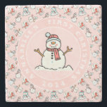 Snowman Baby's First Christmas Pink Name Stone Coaster<br><div class="desc">This cute pink baby's first christmas marble coaster features a snowman in the middle,  with a snowman pattern around the edge. A practical keepsake for your children to keep for years to come. To change the text click on the personalize button. This design contains A.I.</div>
