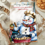 Snowman Baking Christmas Cookies Personalized Kitchen Towel<br><div class="desc">Add a touch of festive cheer to your kitchen with this personalized Christmas towel featuring an adorable snowman baking cookies. Wearing a chef's hat and scarf, this charming snowman brings holiday joy while stirring a bowl of cookie batter. Customize the towel with your name to make your Christmas baking extra...</div>