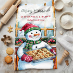 Snowman Baking Cookies Personalized Christmas Kitchen Towel<br><div class="desc">Bring festive cheer to your kitchen with this personalized Christmas kitchen towel featuring an adorable snowman holding a tray of freshly baked cookies. Perfect for adding a holiday touch to your kitchen decor, this towel can be customized with your name, making it a fun and personal addition to your home...</div>