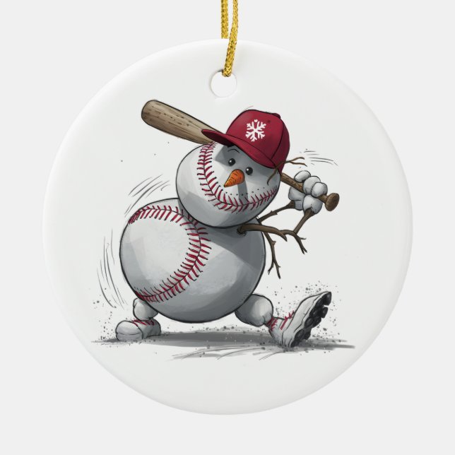 Snowman Baseball Player Funny Kids Men Boys Teens  Ceramic Ornament (Front)