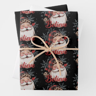 Snowman Believe Santa Red Plaid Hat Christmas  Wrapping Paper Sheet