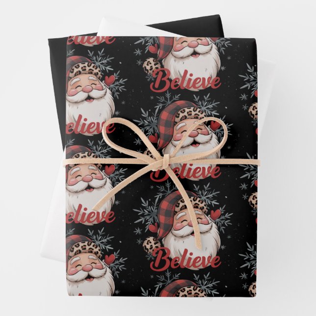 Snowman Believe Santa Red Plaid Hat Christmas  Wrapping Paper Sheet (In situ)