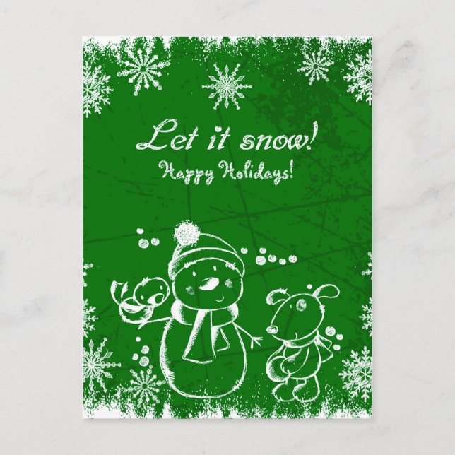 Snowman, Bird And Dog Over Green Background Postcard (Front)