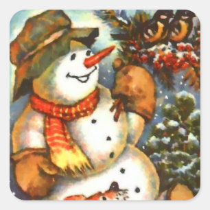 Snowman Birds and Puppy Square Sticker