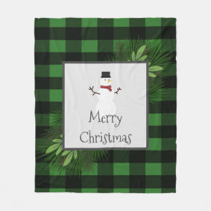 Snowman Black and Green Buffalo Plaid Blanket