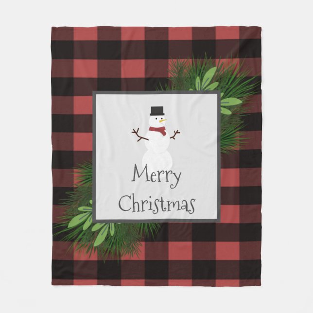 Snowman Black and Red Buffalo Plaid Fleece Blanket (Front)