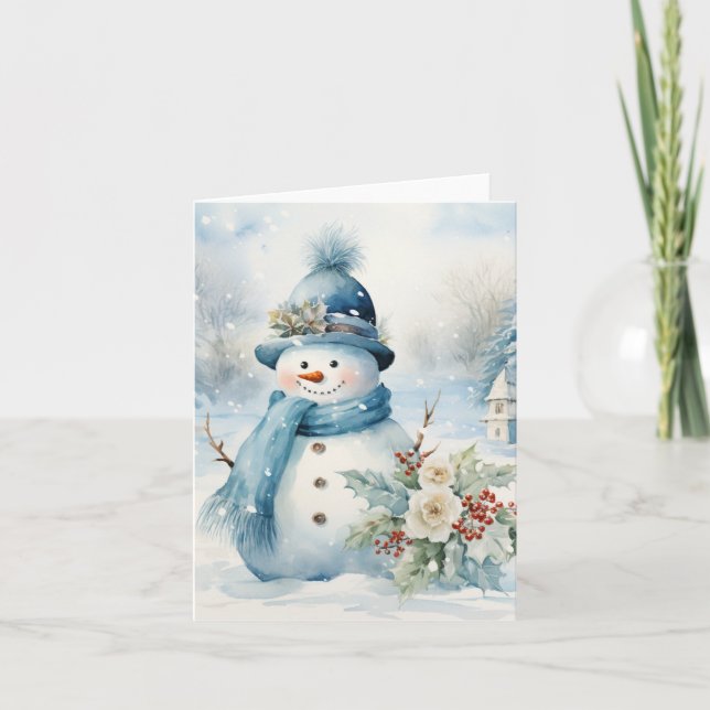 Snowman Blue Hat Scarf Snow Covered Trees Blank Card (Front)