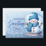 Snowman Blue Season's Greetings Christmas Holiday Card<br><div class="desc">"Season's Greetings" customizable horizontally-formatted Christmas greeting card with a cute snowman inside a snow globe on a soft blue background. Personalize with your family name. Contact me for assistance with your customizations or to request additional matching or coordinating Zazzle products.</div>