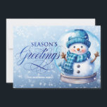 Snowman Blue Season's Greetings Christmas Holiday Card<br><div class="desc">"Season's Greetings" customizable horizontally-formatted Christmas greeting card with a cute snowman inside a snow globe on a soft blue background. Personalize with your family name. Contact me for assistance with your customizations or to request additional matching or coordinating Zazzle products.</div>