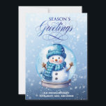 Snowman Blue White Season's Greetings Christmas Holiday Card<br><div class="desc">"Season's Greetings" customizable Christmas greeting card with a cute snowman inside a snow globe on a soft blue background. Personalize with your family name. Contact me for assistance with your customizations or to request additional matching or coordinating Zazzle products.</div>