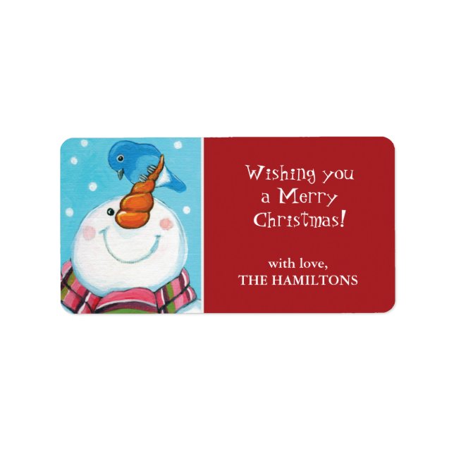 Snowman & Bluebird Christmas Gift Tag Labels (Front)