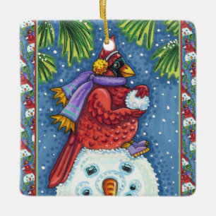 SNOWMAN BODYGUARD, CHRISTMAS CARDINAL REDBIRD CERAMIC ORNAMENT