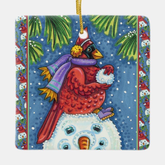 SNOWMAN BODYGUARD, CHRISTMAS CARDINAL REDBIRD CERAMIC ORNAMENT (Front)