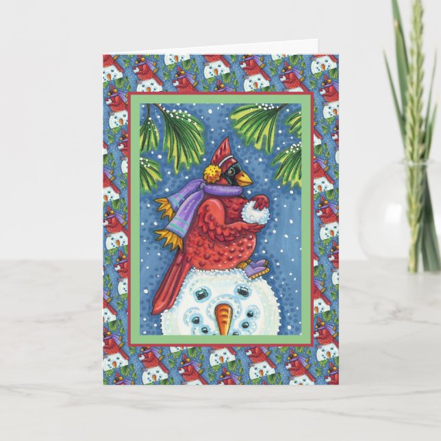 SNOWMAN BODYGUARD, CHRISTMAS CARDINAL REDBIRD HOLIDAY CARD (Front)