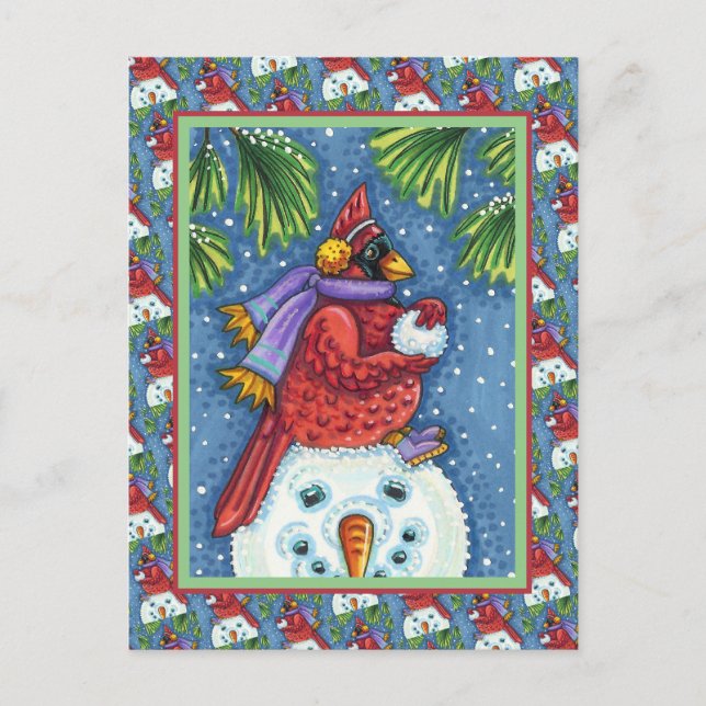 SNOWMAN BODYGUARD, CHRISTMAS CARDINAL REDBIRD HOLIDAY POSTCARD (Front)