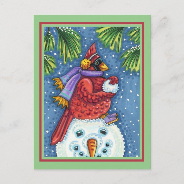 SNOWMAN BODYGUARD, CHRISTMAS CARDINAL REDBIRD POSTCARD (Front)