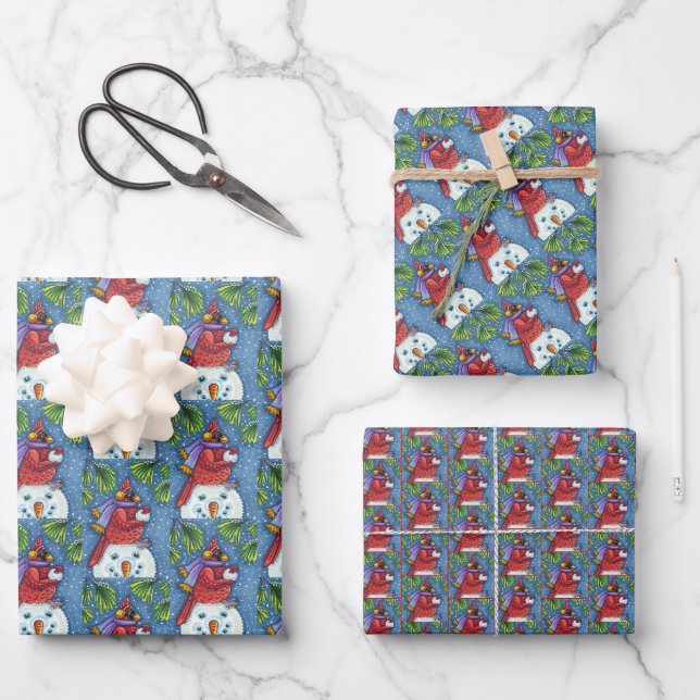 SNOWMAN BODYGUARD, CHRISTMAS CARDINAL REDBIRD WRAPPING PAPER SHEET (Front)
