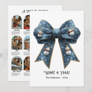 Snowman Bow Year in Review Flat Holiday Photo Card