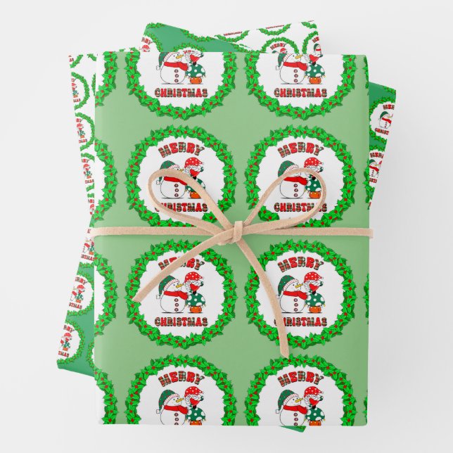 Snowman Buffalo Check Mushroom Gnome Set of Gift Wrapping Paper Sheet (In situ)